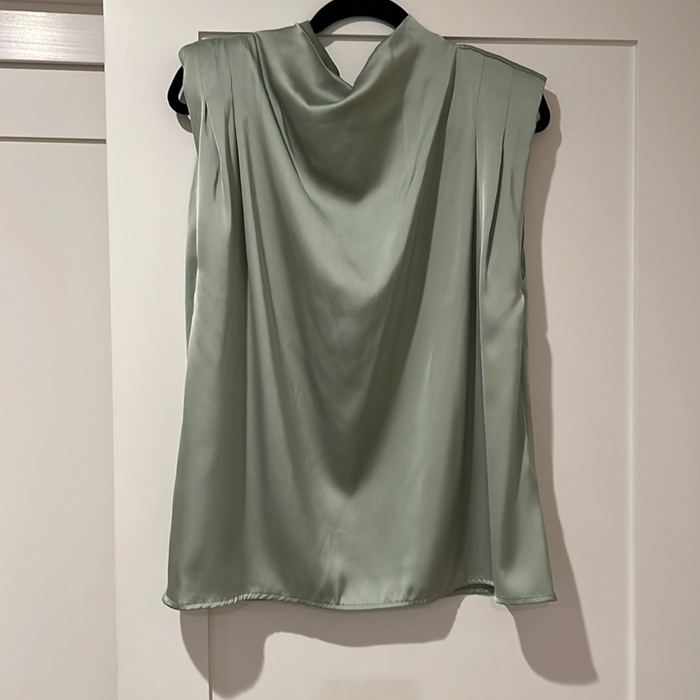 Silky sage green sleeveless mock neck top